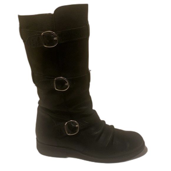 BEBE Women's Black Leather Moto Buckle Boots Goth Punk Side Zip Boots Size 7 - Picture 1 of 15